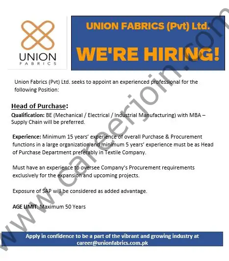 Union Fabrics Pvt Ltd Jobs 26 November 2021 01