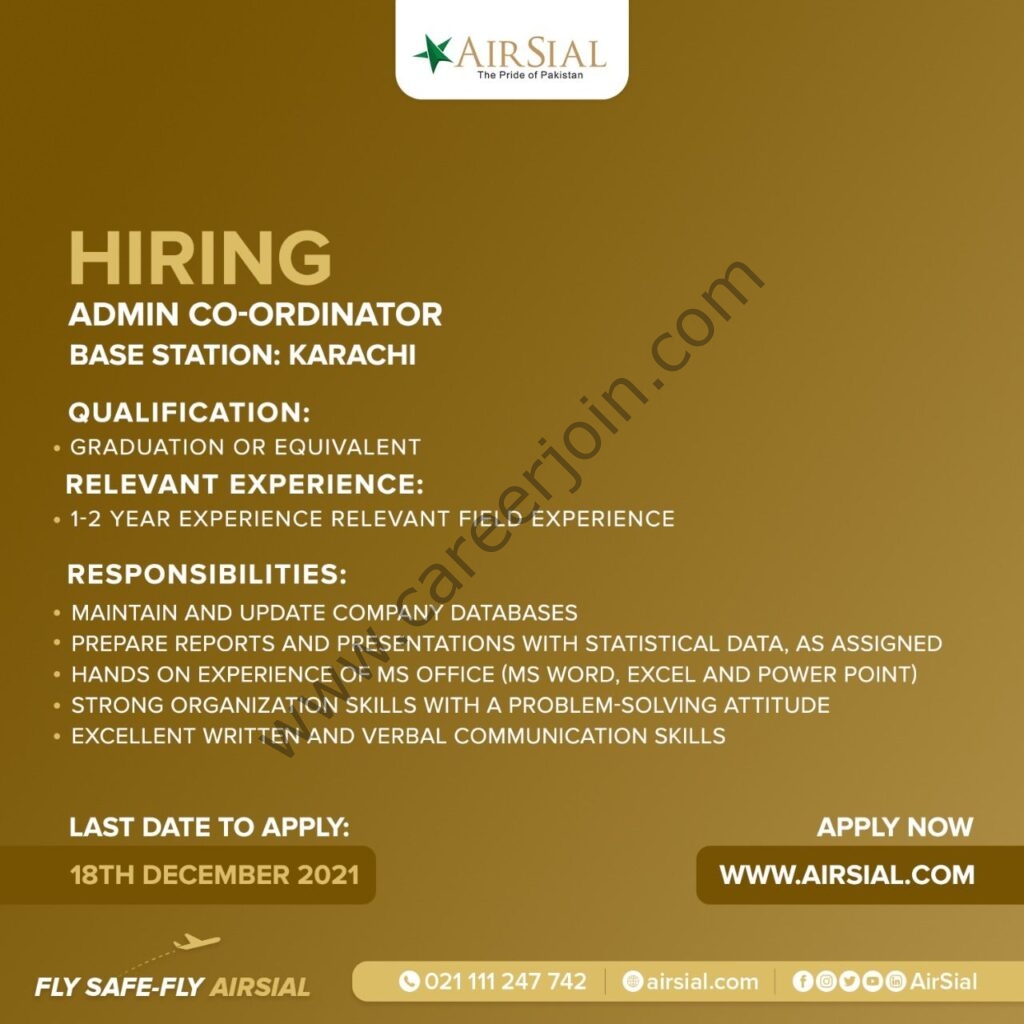 AirSial Limited Jobs Admin Coordinator 01