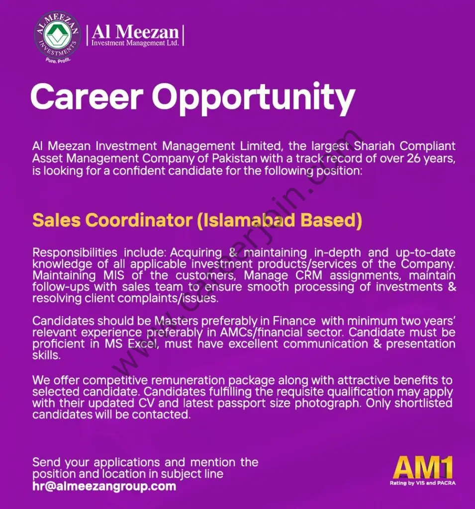 Al Meezan Investment Management Limited Jobs Sales Coordinator 01