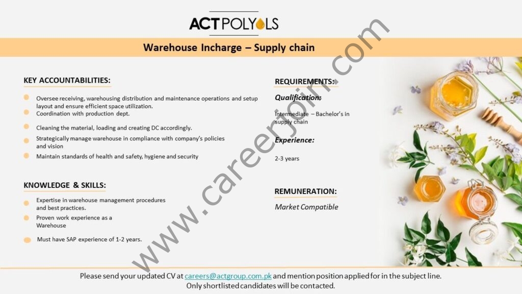 ACT Polyols Pvt Ltd Jobs Warehouse Incharge Supply Chain 01