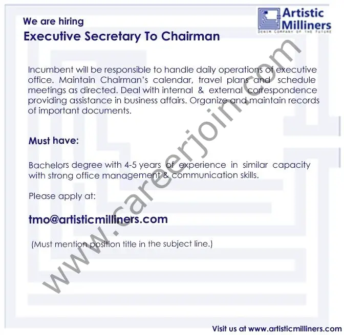 Artistic Milliners Pvt Ltd Jobs Executive Secretary To Chairman 01