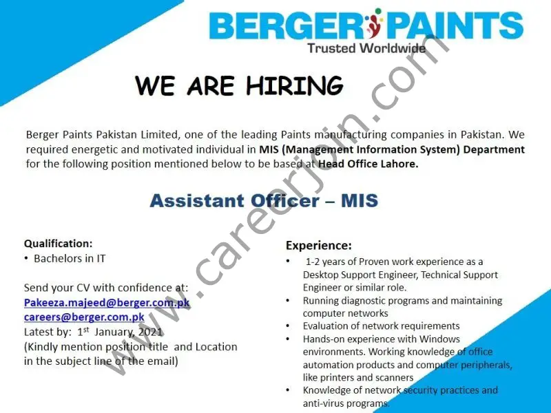 Berger Paints Pakistan Ltd Jobs Assistant Officer MIS 01