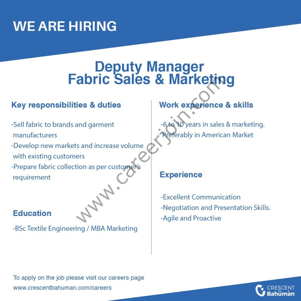 Crescent Bahuman Limited Jobs Deputy Manager Fabric Sales & Marketing 01