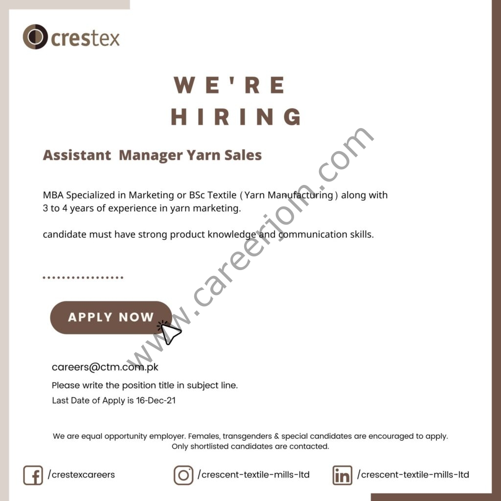 Crescent Textile Mills Limited Jobs Assistant Manager Yarn Sales 01