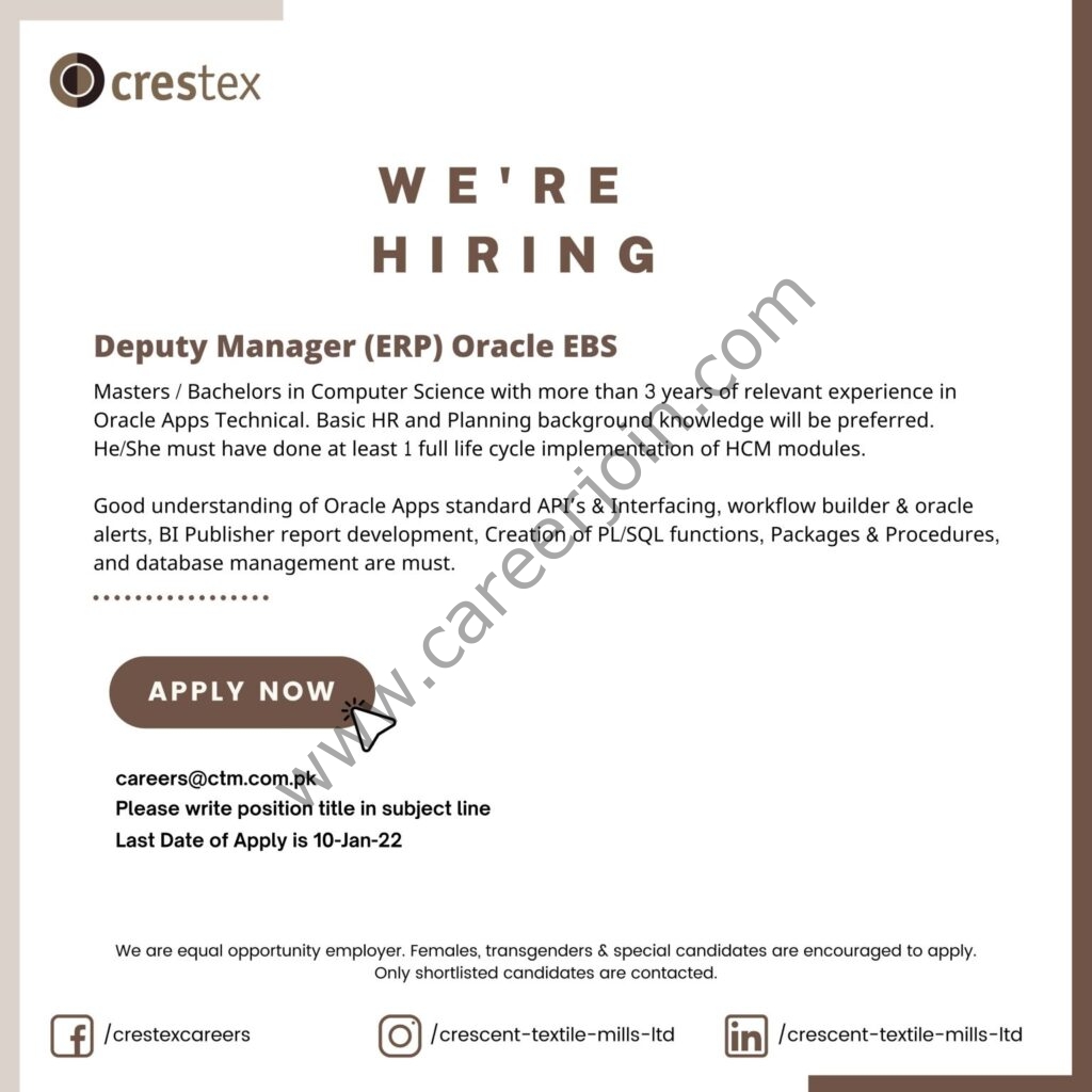 Crescent Textile Mills Ltd Crestex Jobs Deputy Manager ERP 01