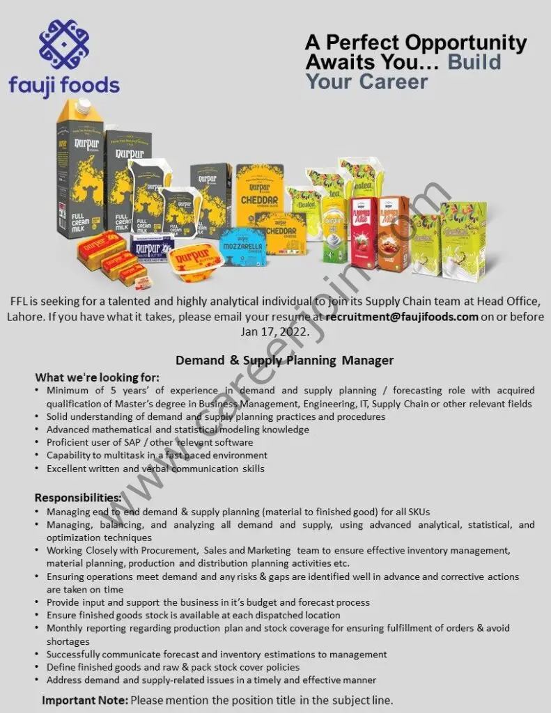 Fauji Food Limited Jobs Demand & Supply Planning Manager 01