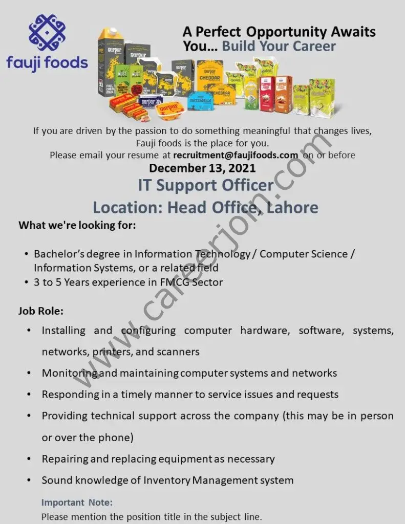 Fauji Foods Pvt Ltd Jobs IT Support Officer 01