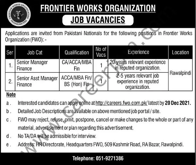 Frontier Works Organization FWO Jobs 05 December 2021 Express Tribune 
