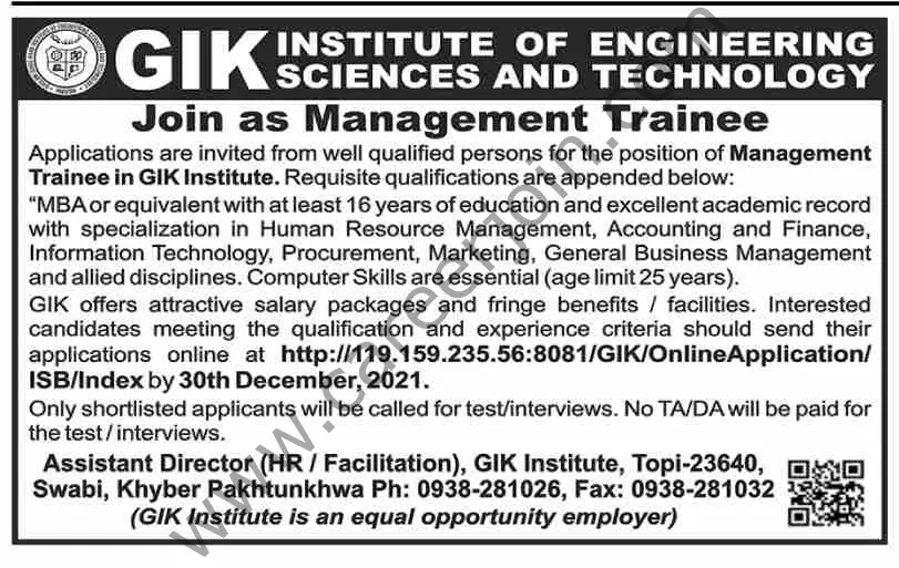 GIK Institute of Engineering Sciences & Technology Jobs 19 December 2021 Dawn