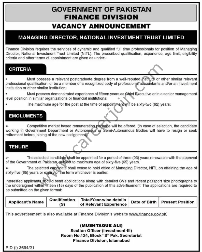 Government of Pakistan Finance Division Jobs 05 December 2021 Dawn 