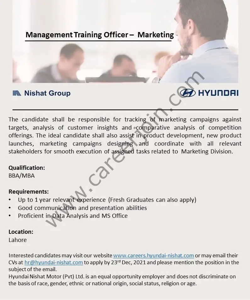Hyundai Nishat Motors Company Ltd Jobs Management Training Officer Marketing 01