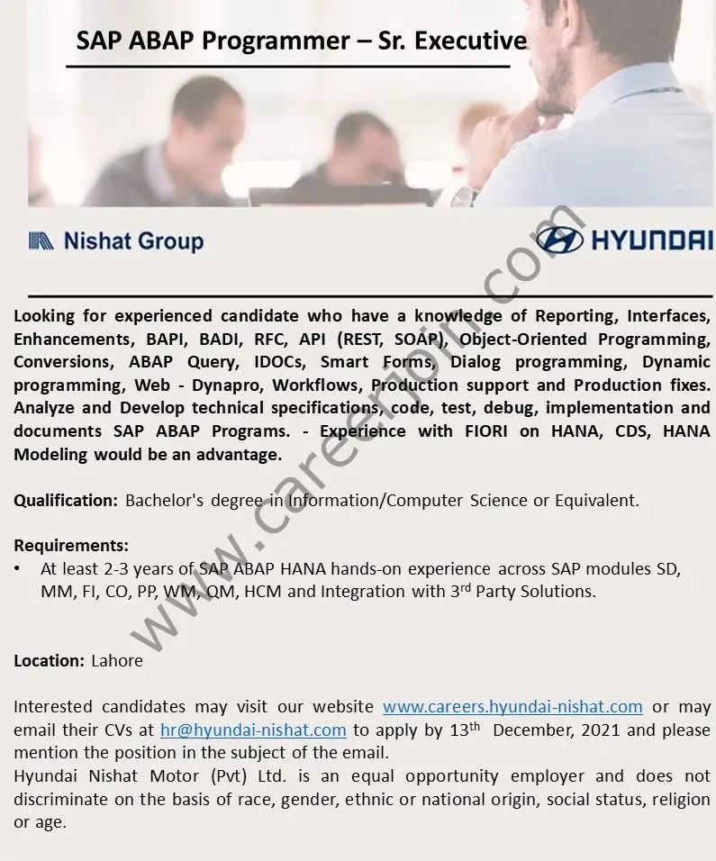 Hyundai Nishat Jobs SAP ABAP Programmer Senior Executive 01