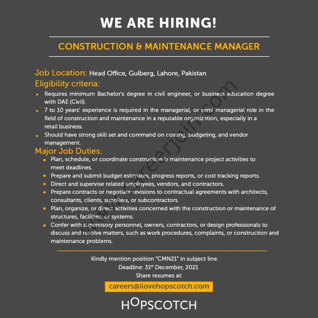 Hopscotch Pakistan Jobs Construction & Maintenance Manager 01