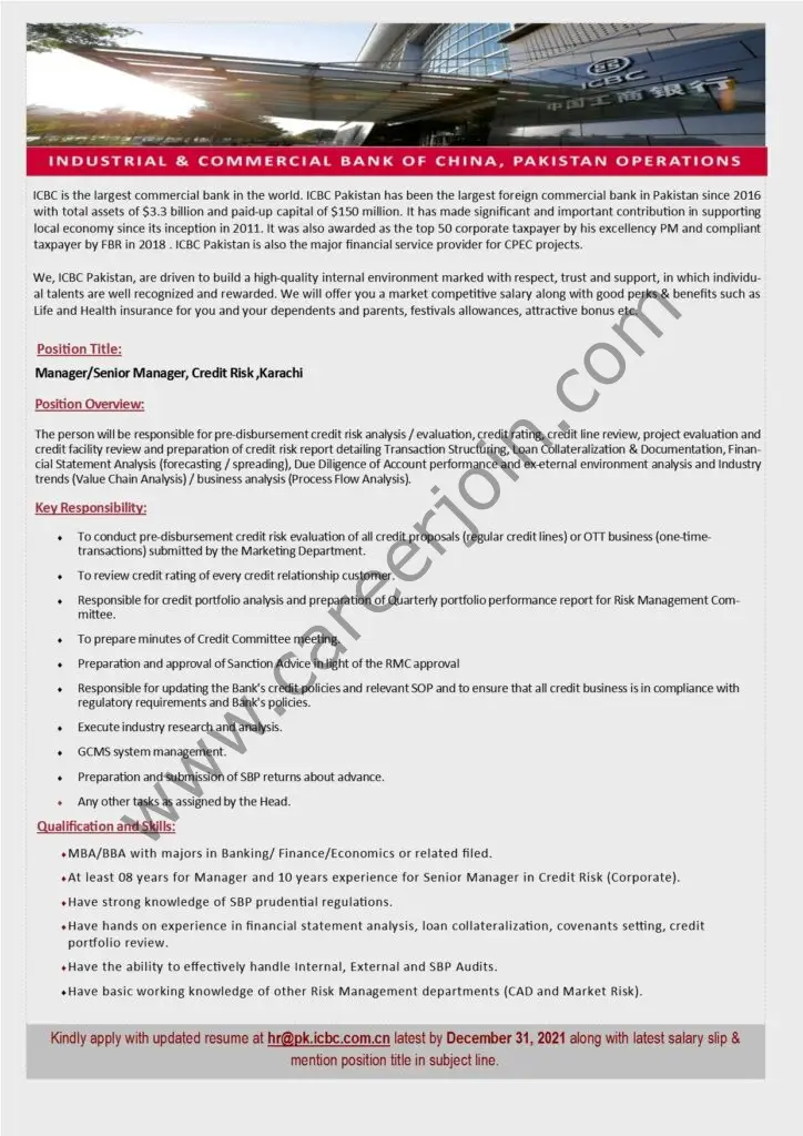 ICBC Ltd Pakistan Operations Jobs Manager / Senior Manager Credit Risk 01