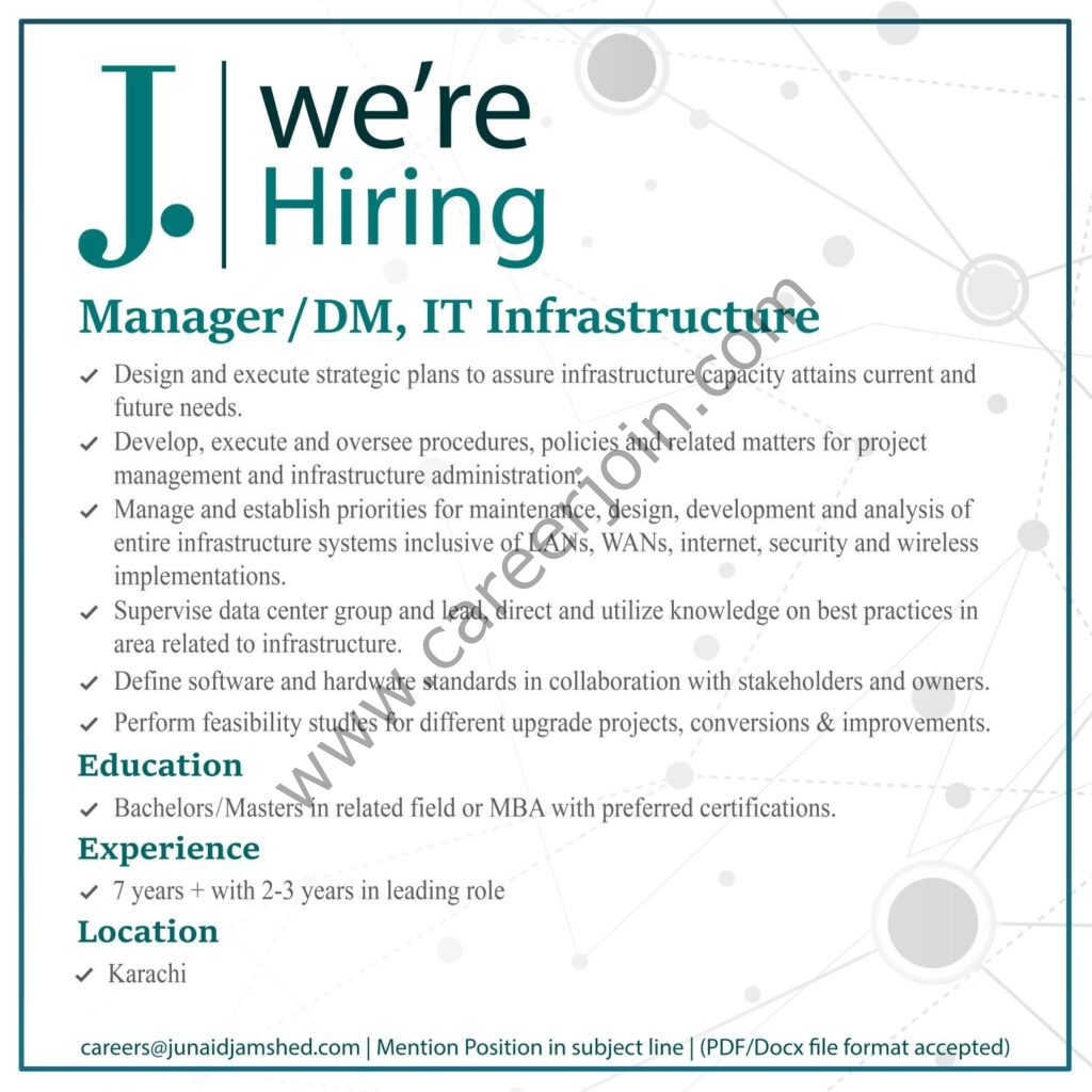Junaid Jamshed Pvt Ltd Jobs Manager / DM IT Infrastructure 01