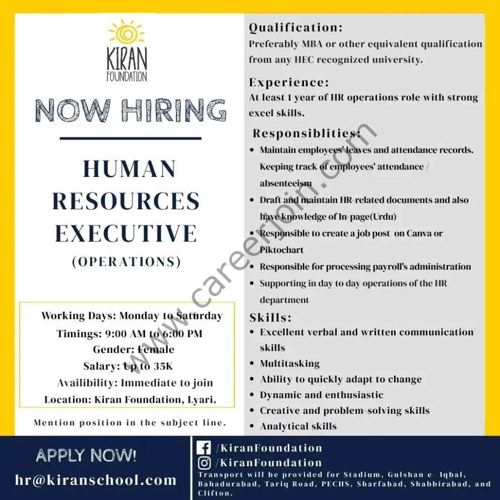Kiran Foundation Jobs Human Resources Executive 01