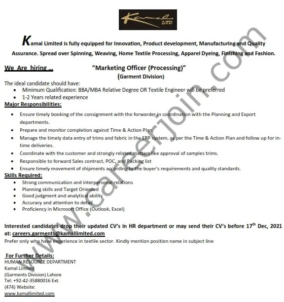 Kamal Limited Jobs Marketing Officer Processing 01