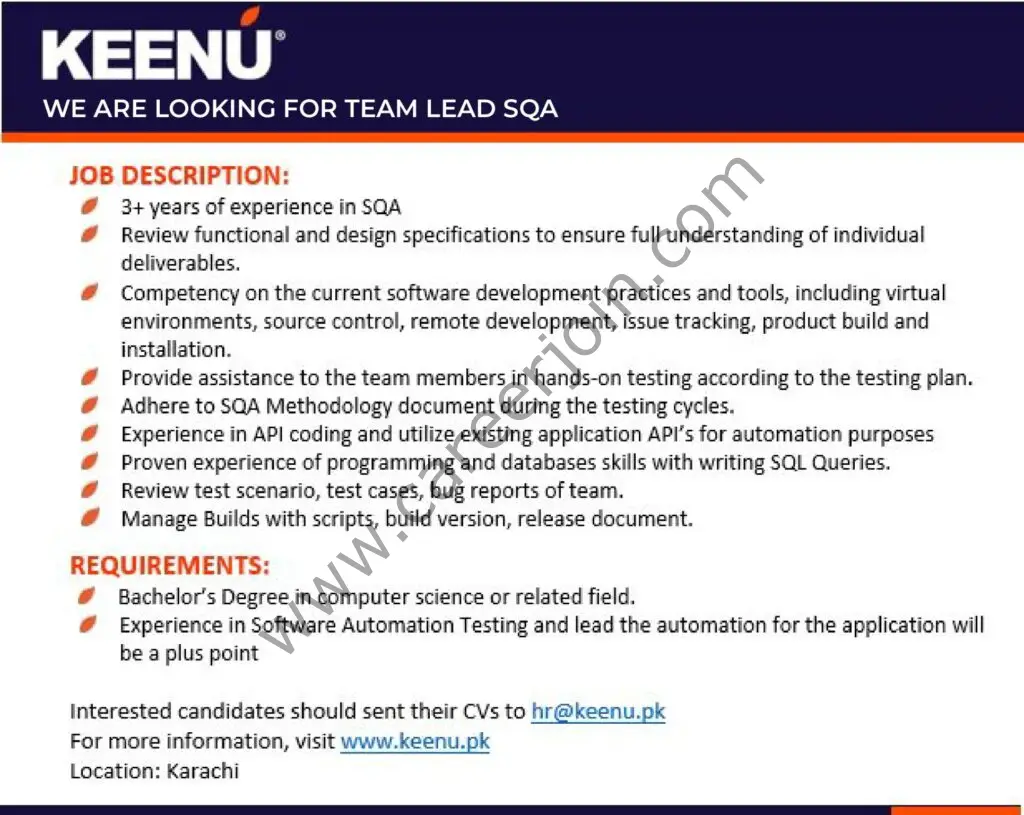 Keenu Pakistan Jobs Team Lead SQA 01