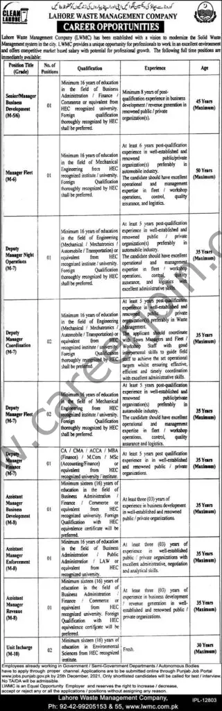 Lahore Waste Management Company LWMC Jobs 12 December 2021 Express Tribune 01