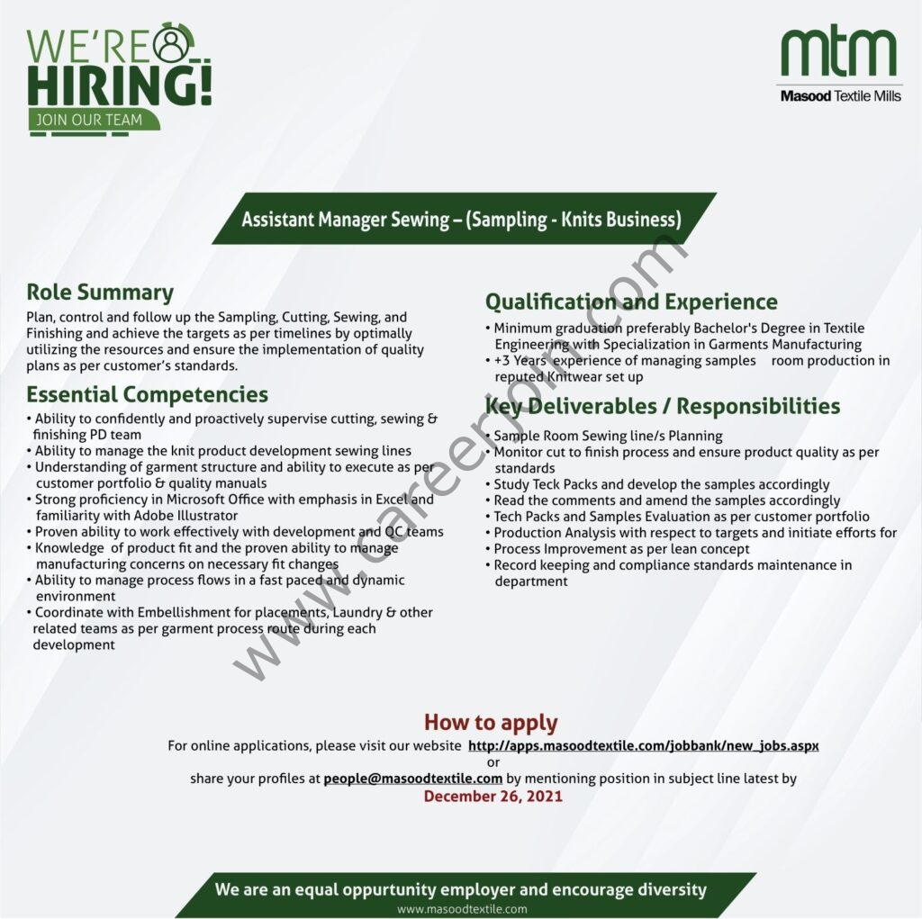 Masood Textile Mills Limited MTM Jobs Assistant Manager Sewing 01
