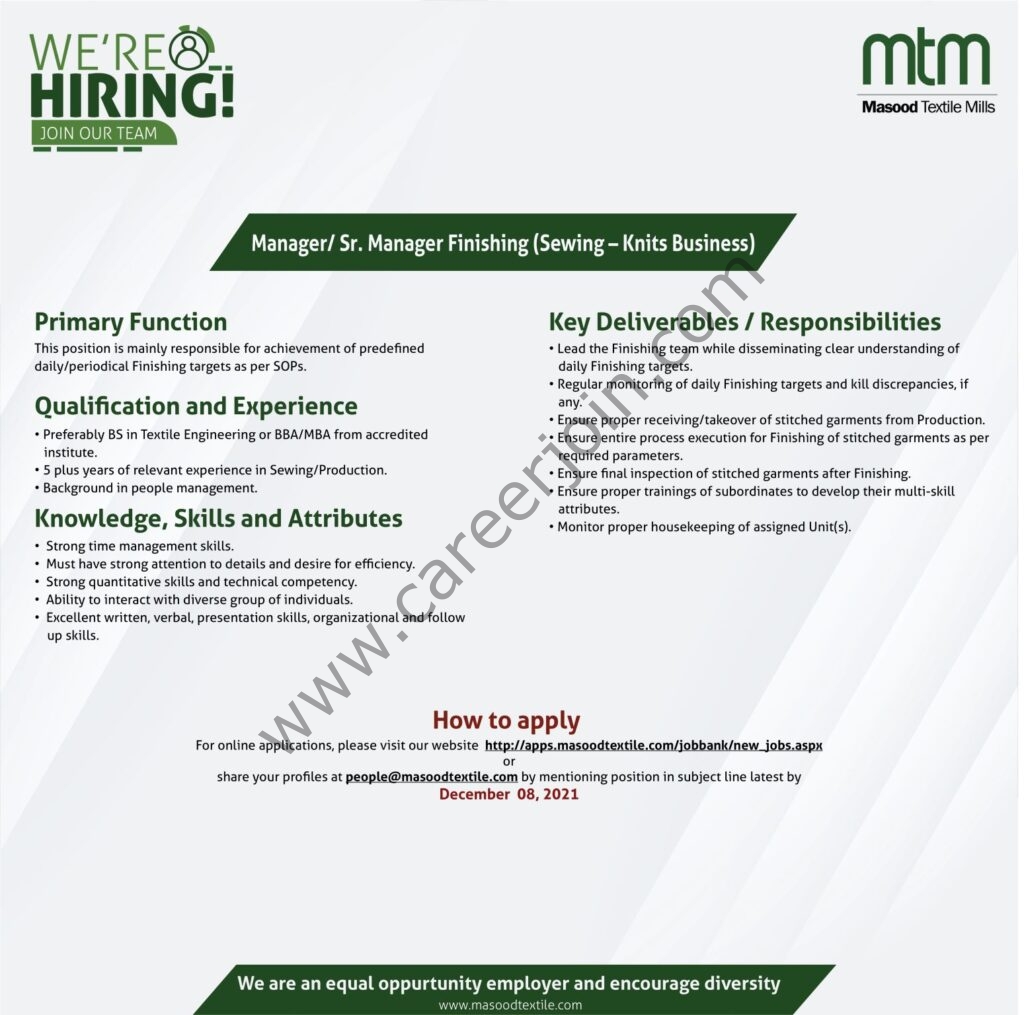 Masood Textile Mills Limited MTM Jobs December 2021 01