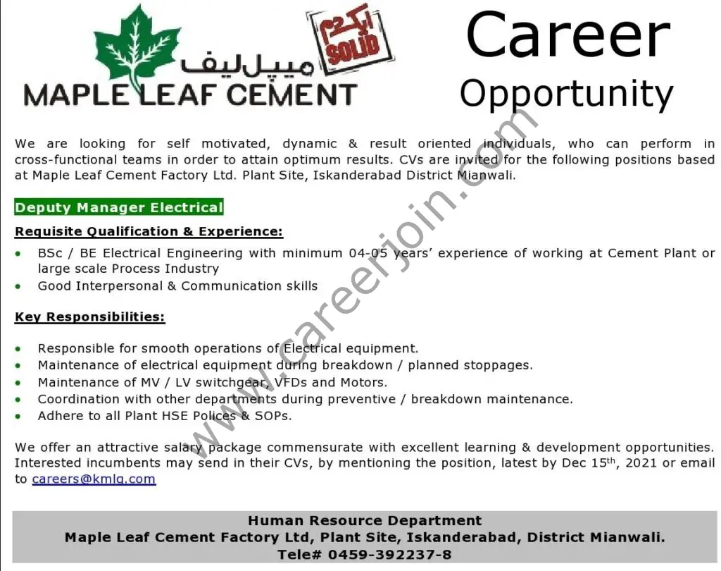 Maple Leaf Cement Pvt Ltd Jobs Deputy Manager Electrical 01