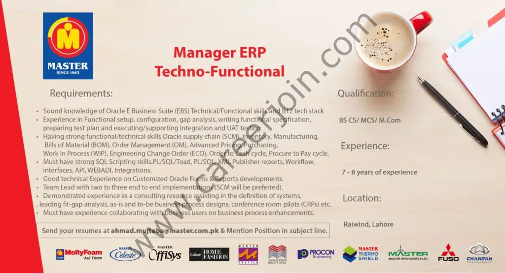 Master Industries Pvt Ltd Jobs Manager ERP Techno Functional 