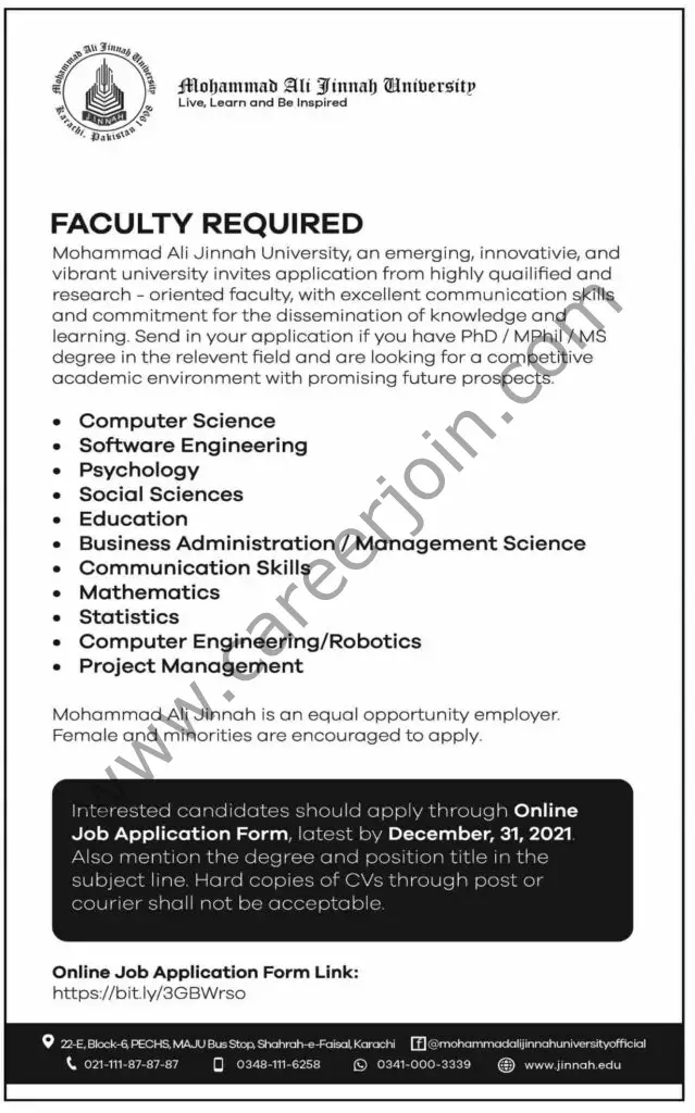 Mohammad Ali Jinnah University Jobs 19 December 2021 Dawn 