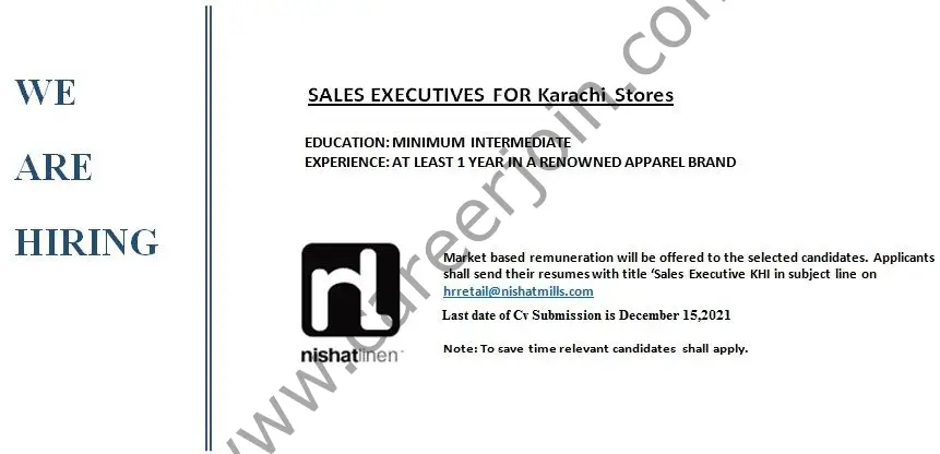 Nishat Linen NL Jobs Sales Executive 01