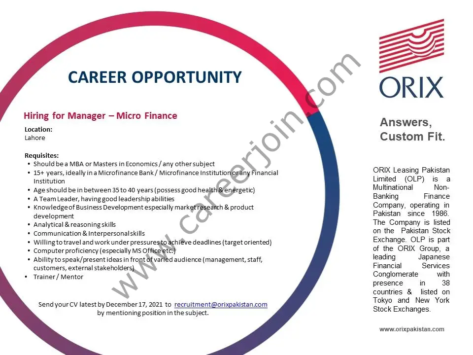 ORIX Leasing Pakistan Limited Jobs Manager Microfinance 01