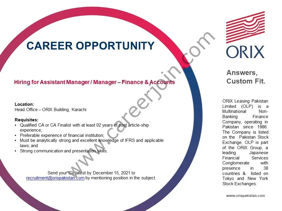 ORIX Leasing Pakistan Limited Jobs Assistant Manager / Manager Finance & Accounts  01