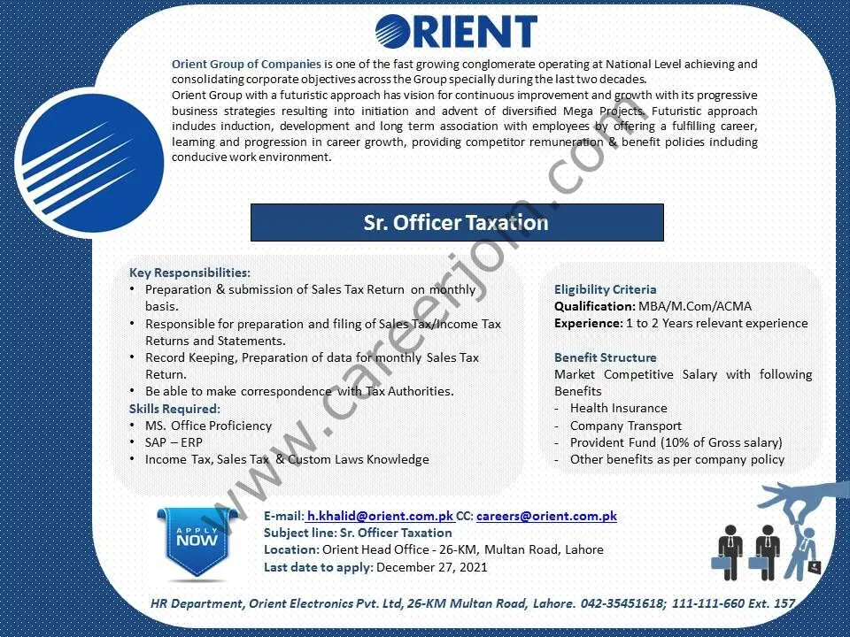 Orient Group Of Companies Jobs Senior Officer Taxation 01