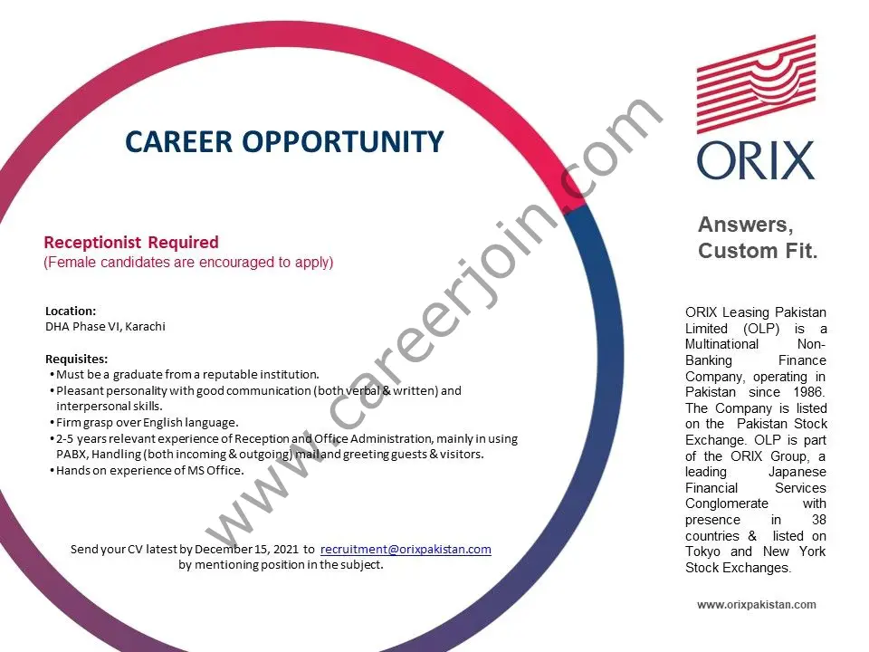 ORIX Leasing Pakistan Limited Jobs Receptionist 01