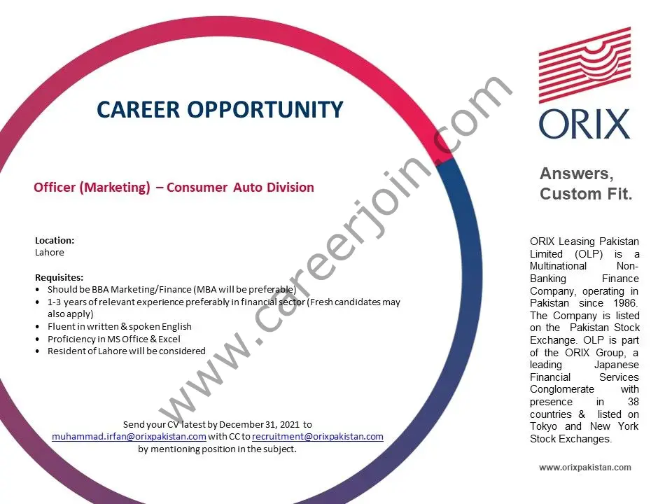 ORIX Leasing Pakistan Limited Jobs Officer Marketing 01