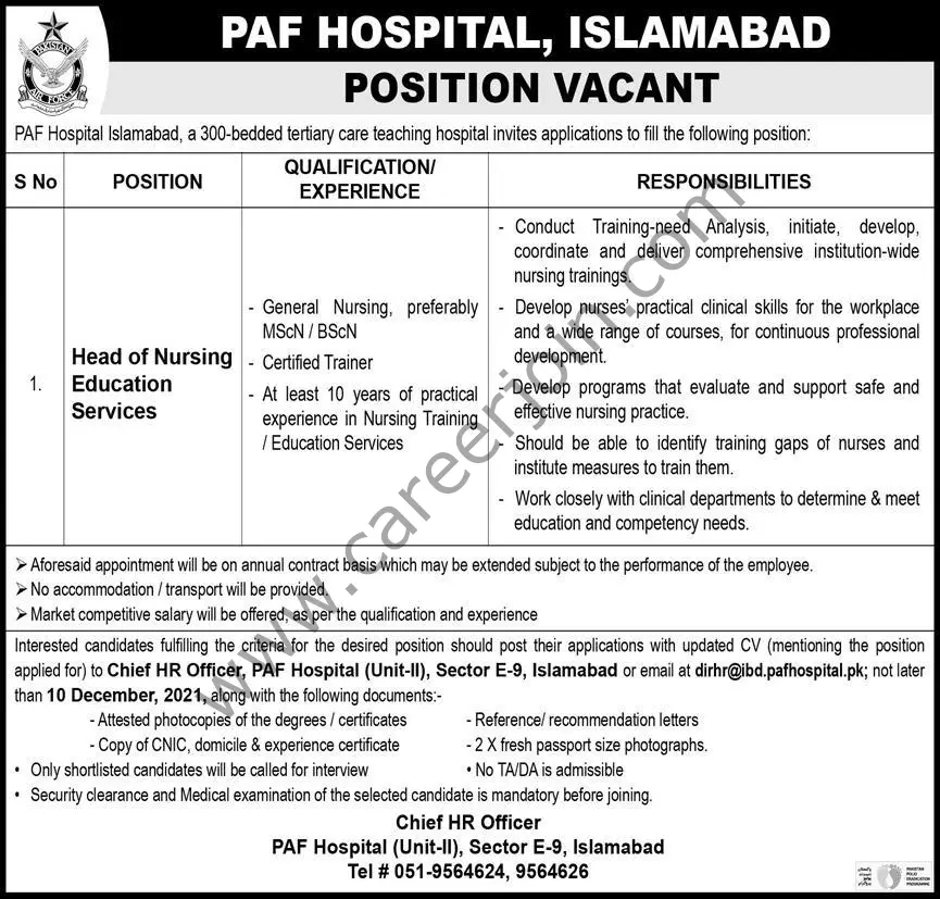 PAF Hospital Islamabad Jobs Head of Nursing Education Services 01