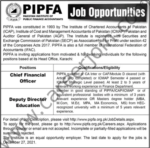 Pakistan Institute of Public Finance Accountants PIPFA Jobs 12 December 2021 Jang