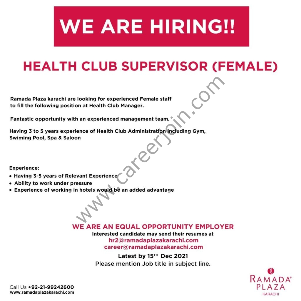 Ramada Plaza Karachi Jobs Health Club Supervisor 01