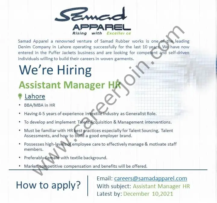 Samad Apparel Pvt Ltd Jobs Assistant Manager HR 01