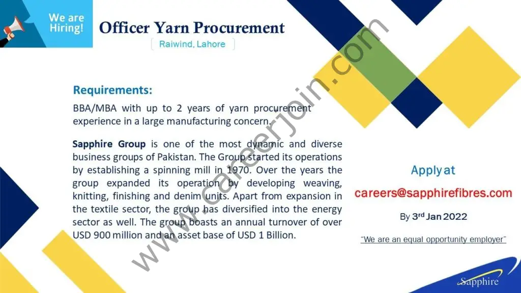 Sapphire Fibres Ltd Jobs Officer Yarn Procurement 01