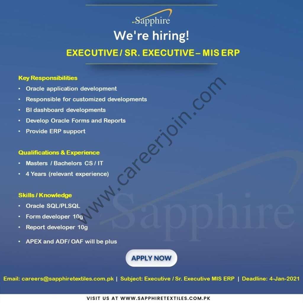 Sapphire Textile Mills Limited Jobs Executive / Senior Executive MIS ERP 01