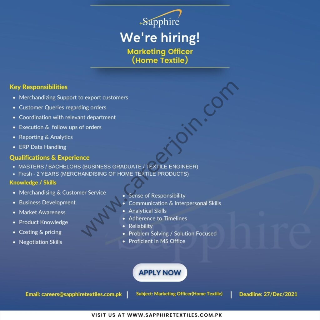 Sapphire Textile Mills Limited Jobs Marketing Officer 