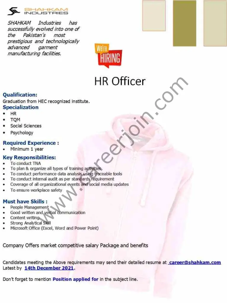 Shahkam Industries Pvt Ltd Jobs HR Officer 01