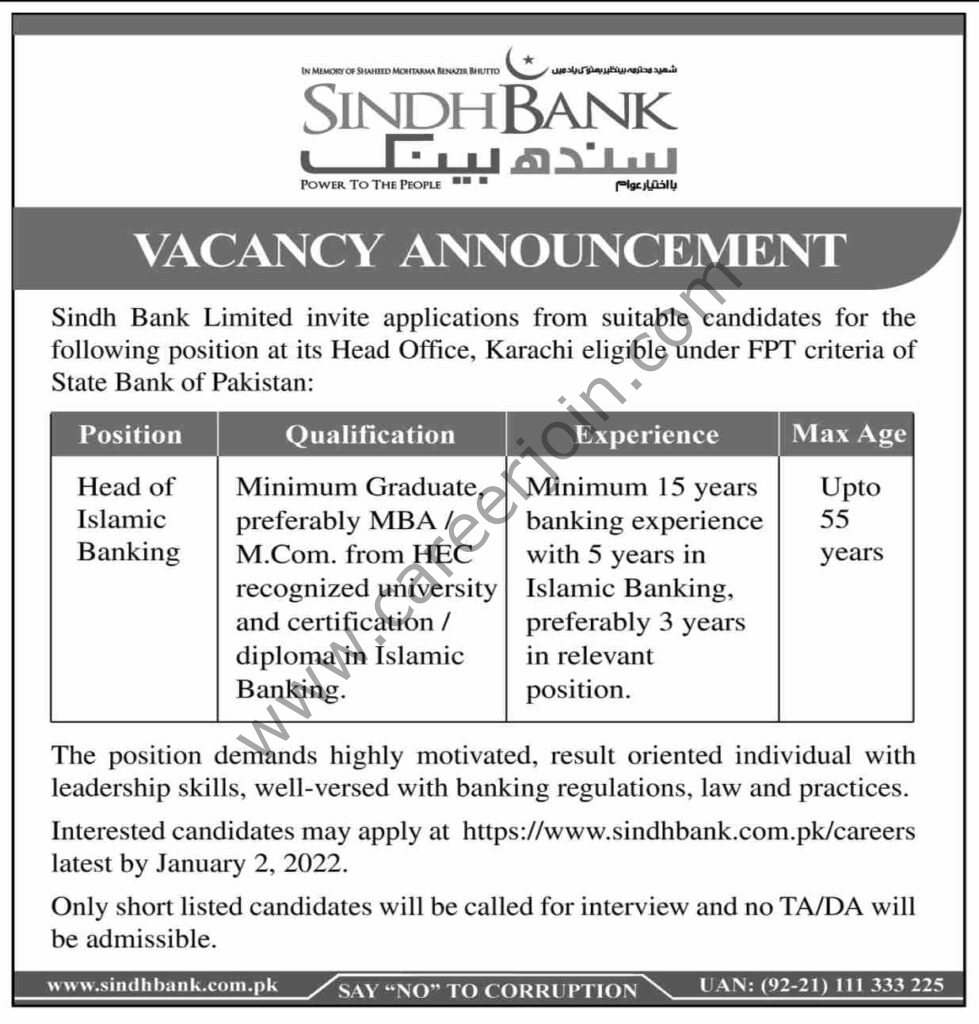 Sindh Bank Ltd Jobs 19 December 2021 Dawn 
