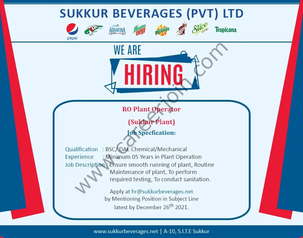 Sukkur Beverages Pvt Ltd Jobs RO Plant Operator 01