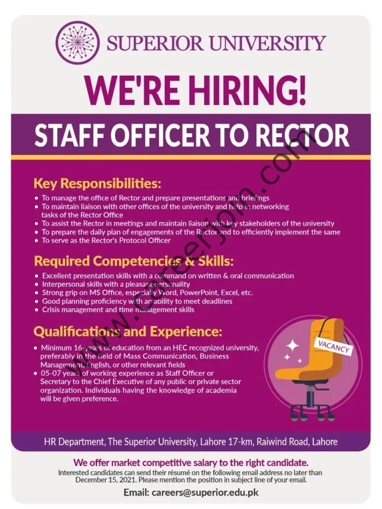Superior University Jobs Staff Officer To Rector 01
