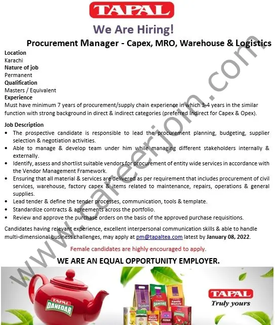 Tapal Tea Pvt Ltd Jobs Procurement Manager 01
