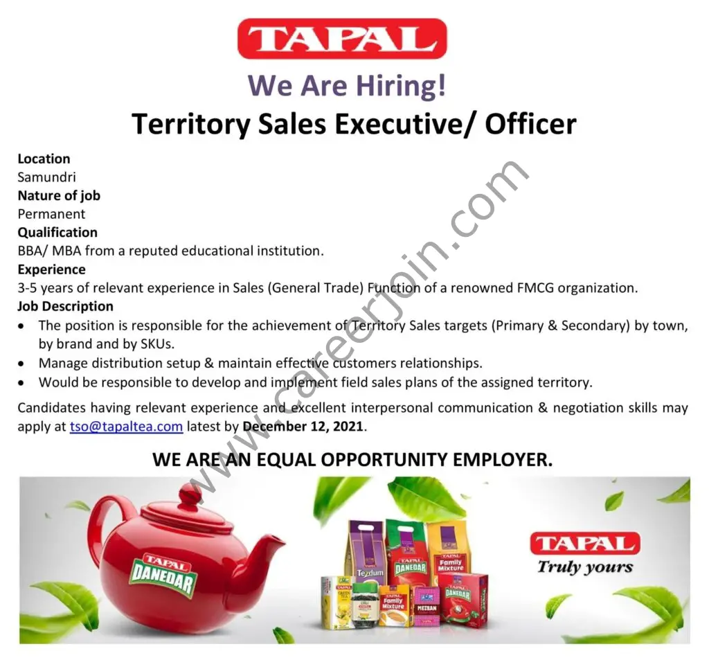 Tapal Tea Pvt Ltd Jobs Territory Sales Executive / Officer 01