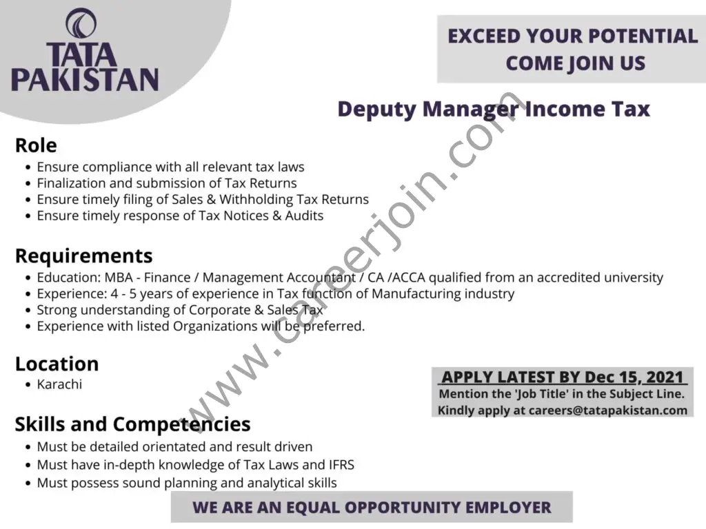 Tata Pakistan Jobs Deputy Manager Income Tax 01
