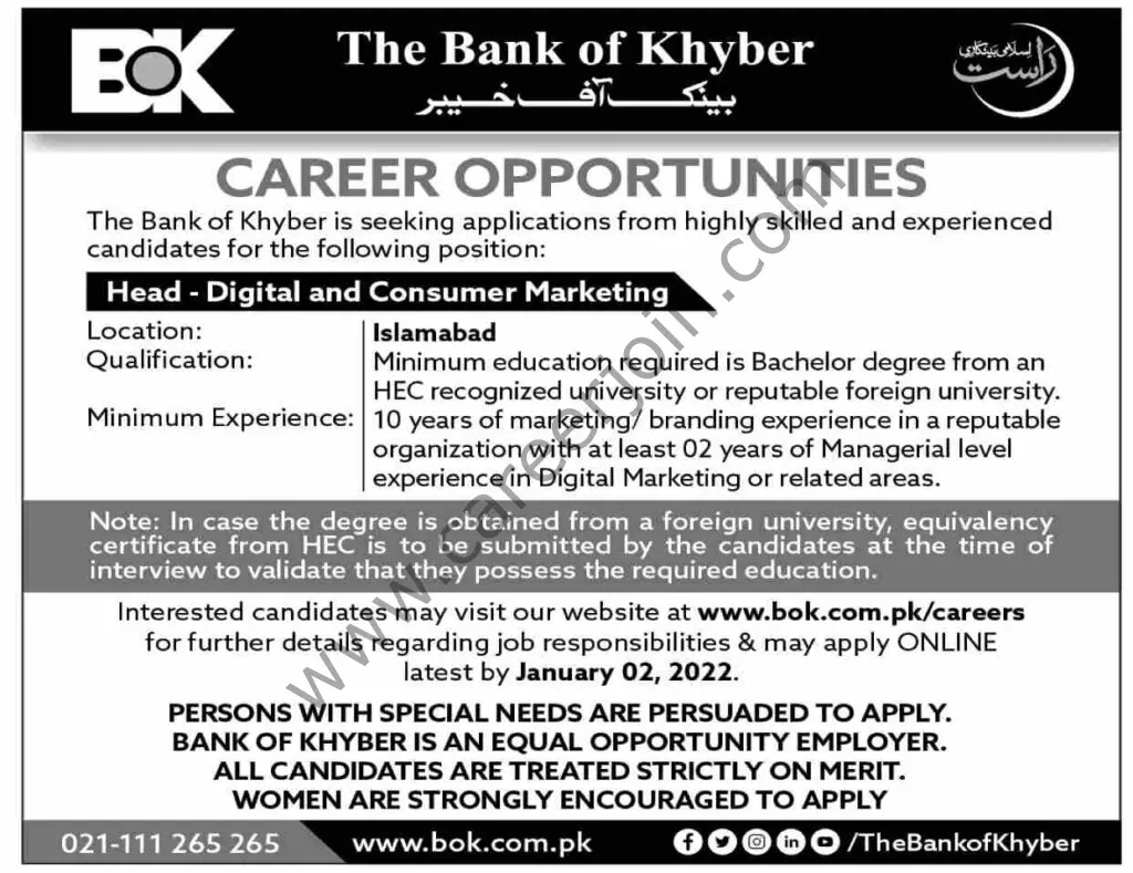 The Bank of Khyber BOK Jobs 19 December 2021 Dawn 