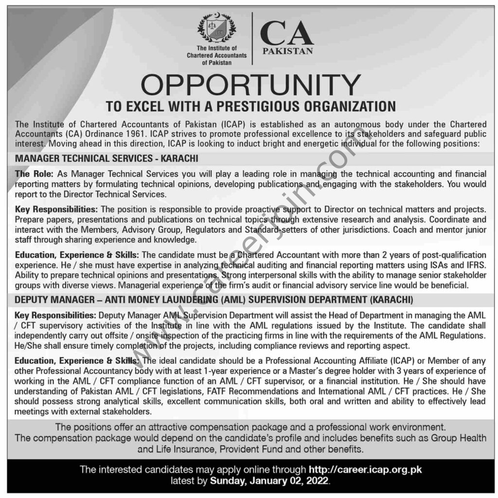 The Institute of Chartered Accountants Of Pakistan ICAP Jobs 19 December 2021 Dawn
